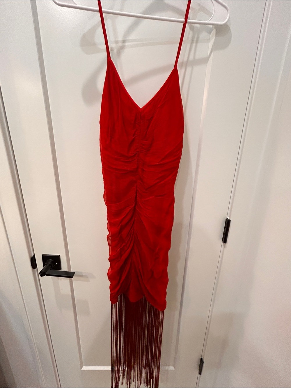 Fringe Hem Ruched Red Mini Dress